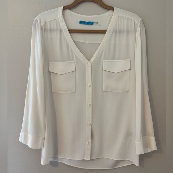[ALICE + OLIVIA] Sheer Silk Button Up Ivory Blouse - Picture 2 of 7